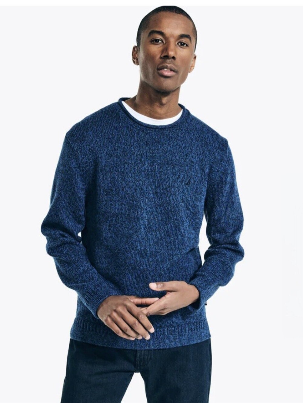 Nautica Sweater Mens M Blue Marled Knit Pullover Roll Neck Crewneck Sweatshirt